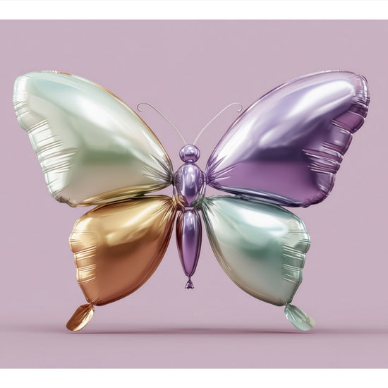 Balloon Butterfly: shiny pastel balloon butterfly sculpture on soft mauve, art print