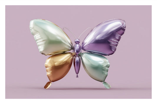 Balloon Butterfly: shiny pastel balloon butterfly sculpture on soft mauve, art print