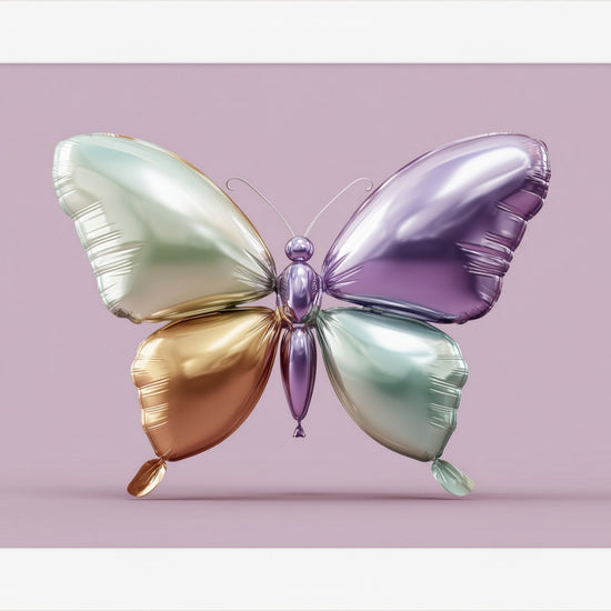 Balloon Butterfly framed print: iridescent balloon butterfly on muted mauve background