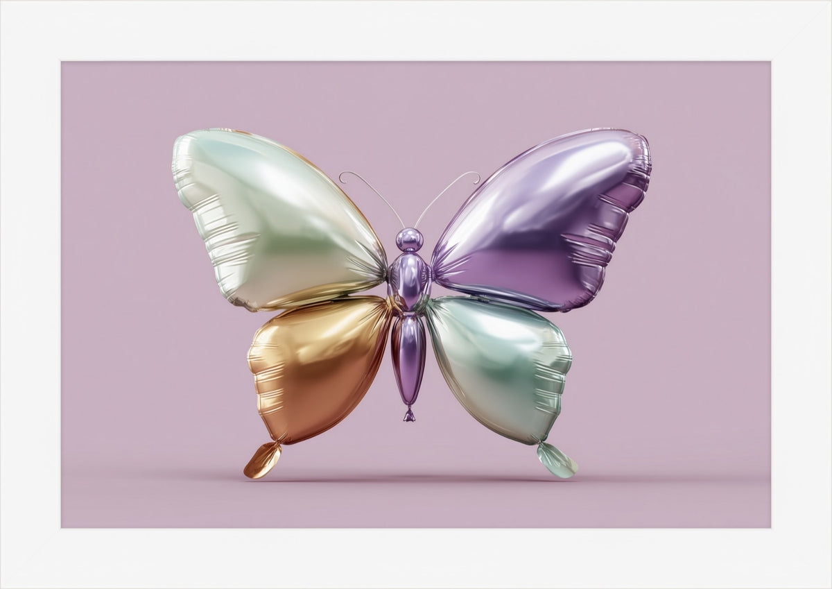 Balloon Butterfly framed print: iridescent balloon butterfly on muted mauve background