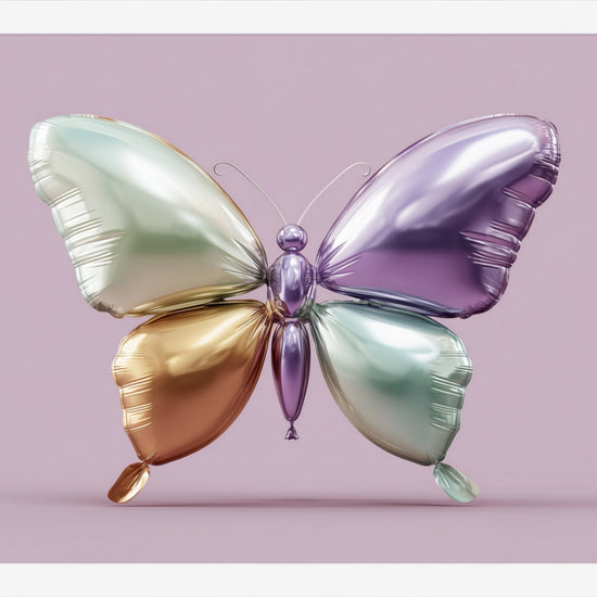 Balloon Butterfly: glossy inflated butterfly in pastel metallics, modern wall art
