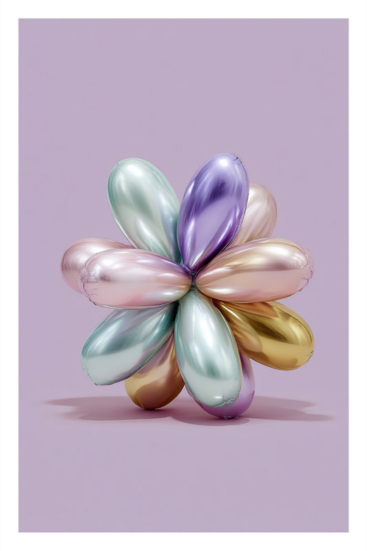 Balloon Flower: shiny pastel balloon flower in mint, lilac, blush, and gold on lavender