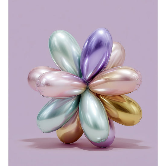 Balloon Flower: inflated metallic flower sculpture in soft pastels on a lavender background