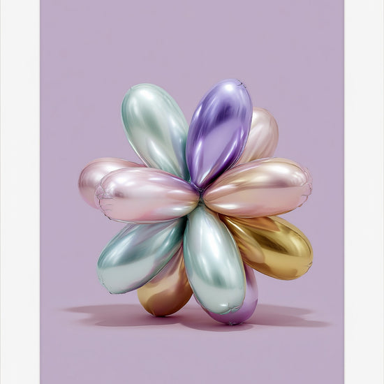 Balloon Flower: metallic pastel balloon flower sculpture on lavender, white framed print