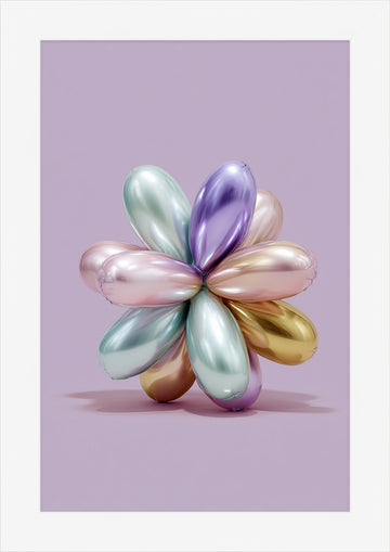 Balloon Flower: metallic pastel balloon flower sculpture on lavender, white framed print