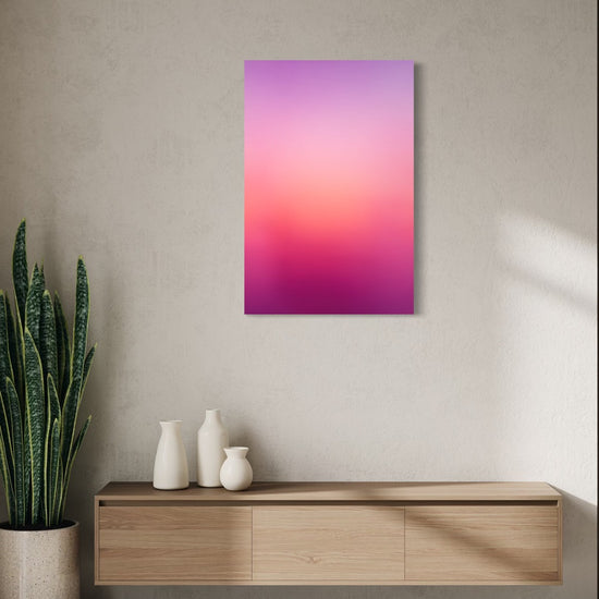 Berry Dusk aura gradient canvas shown on a wall above a light oak floating console with ceramic vases