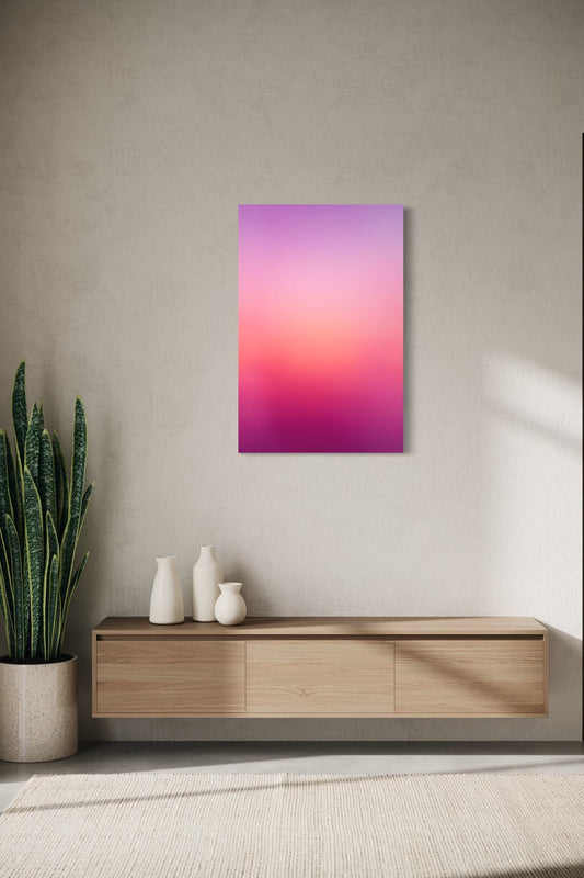 Berry Dusk aura gradient canvas shown on a wall above a light oak floating console with ceramic vases