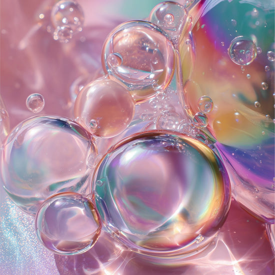 Bubbles I: shimmering bubbles catching pink and rainbow light, acrylic print detail