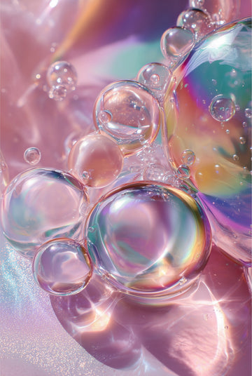 Bubbles I: shimmering bubbles catching pink and rainbow light, acrylic print detail