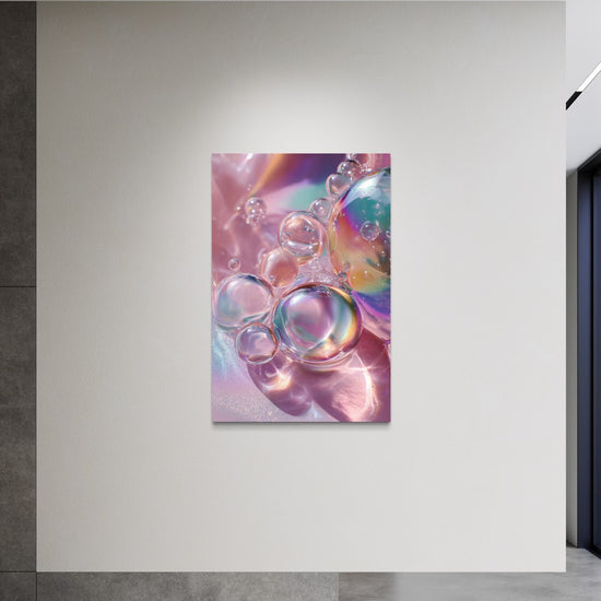 Bubbles I iridescent wall art shown on a white wall in a minimal concrete entryway