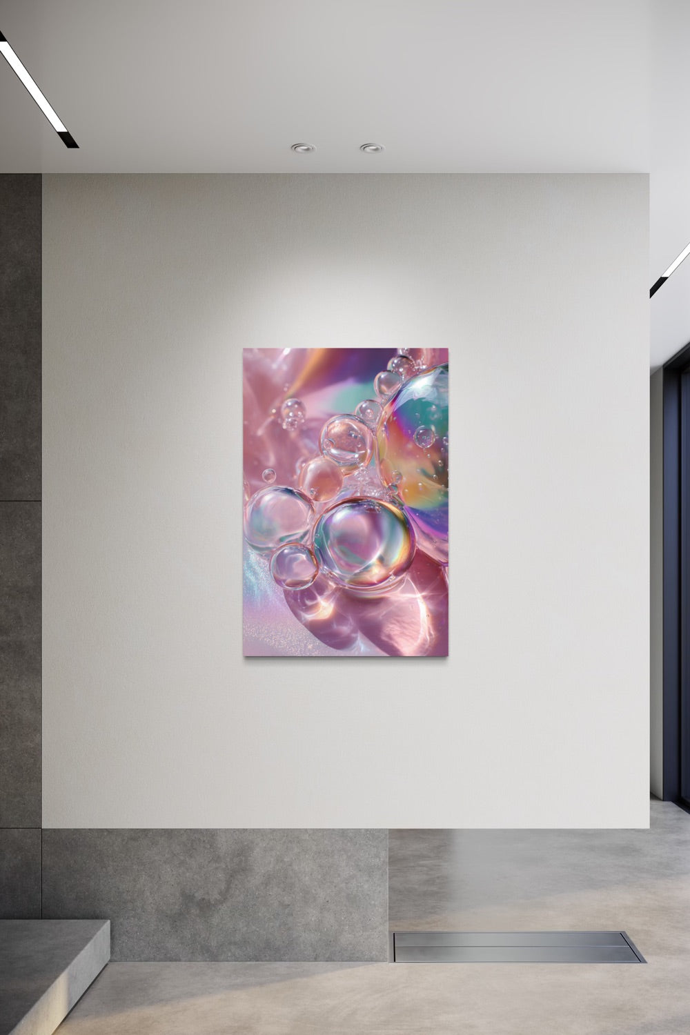 Bubbles I iridescent wall art shown on a white wall in a minimal concrete entryway