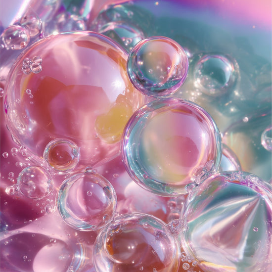 Bubbles II: glossy bubbles shimmering in warm pink and gold tones, acrylic print
