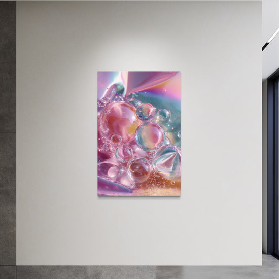 Bubbles II iridescent wall art shown on a white wall in a minimal concrete entryway