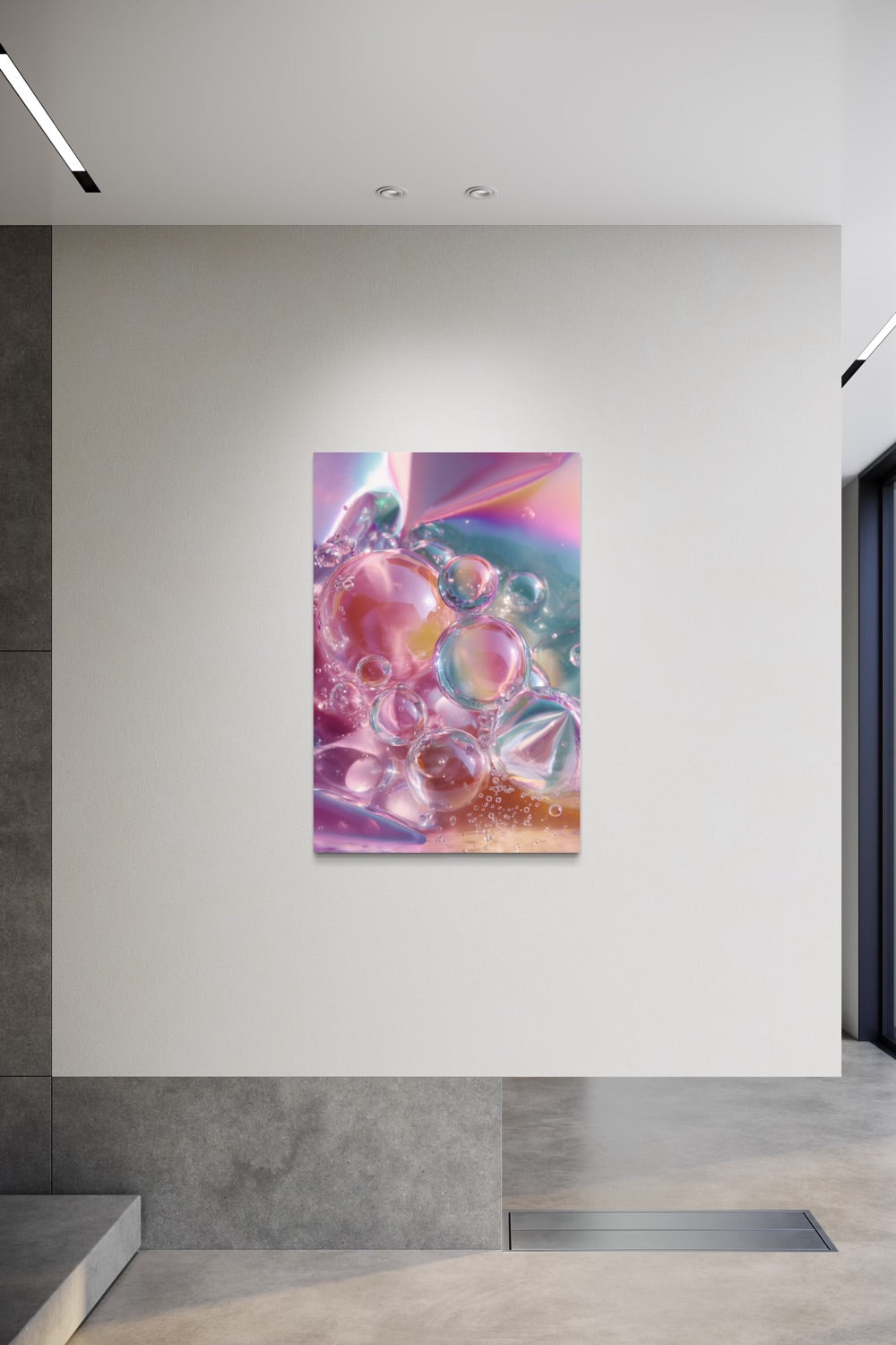 Bubbles II iridescent wall art shown on a white wall in a minimal concrete entryway