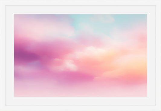 Candy Clouds framed print: soft pastel clouds drifting in pink and blue light