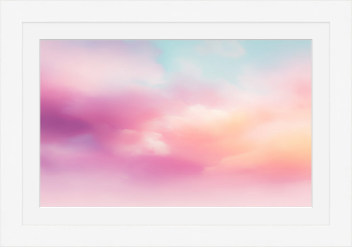 Candy Clouds: dreamy pastel cloudscape in pink, peach, and aqua, white framed art print