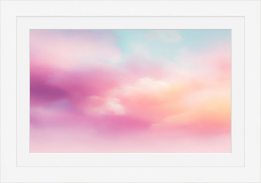 Candy Clouds: dreamy pastel cloudscape in pink, peach, and aqua, white framed art print