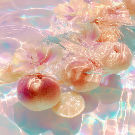 Citrus Bloom I: fruit and soft blossoms floating in shimmering pastel light, acrylic print