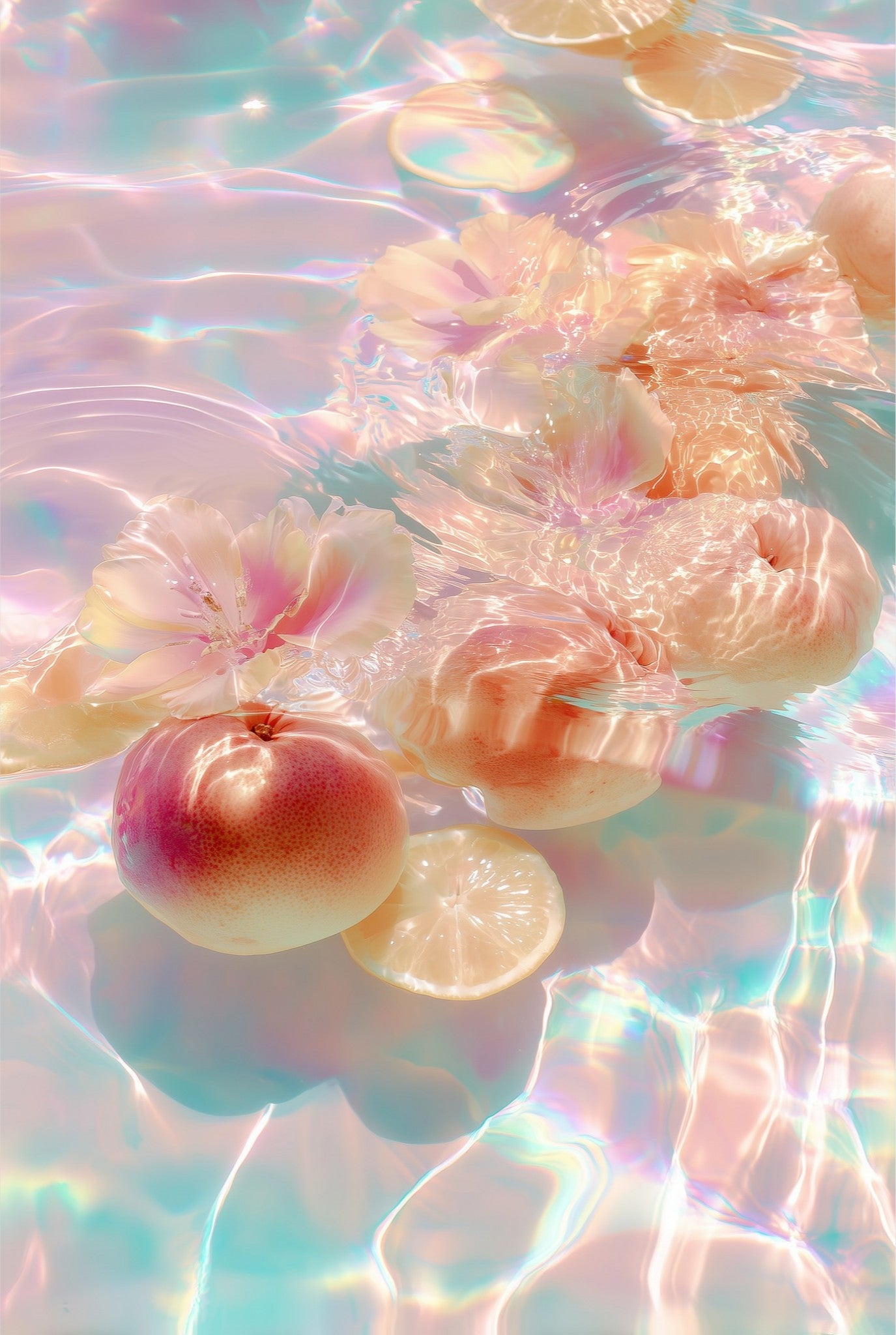 Citrus Bloom I: fruit and soft blossoms floating in shimmering pastel light, acrylic print