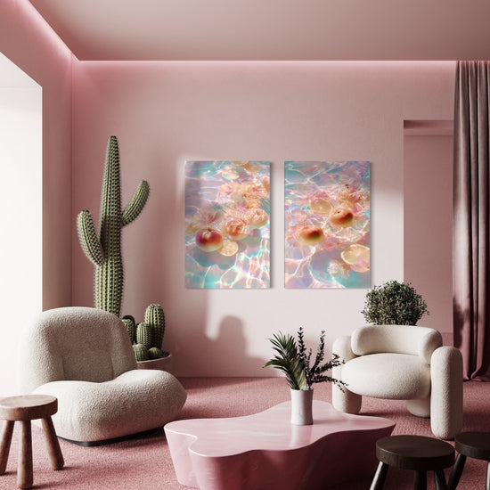 Citrus Bloom I and II shown together as a pair on a pink wall in a modern living room