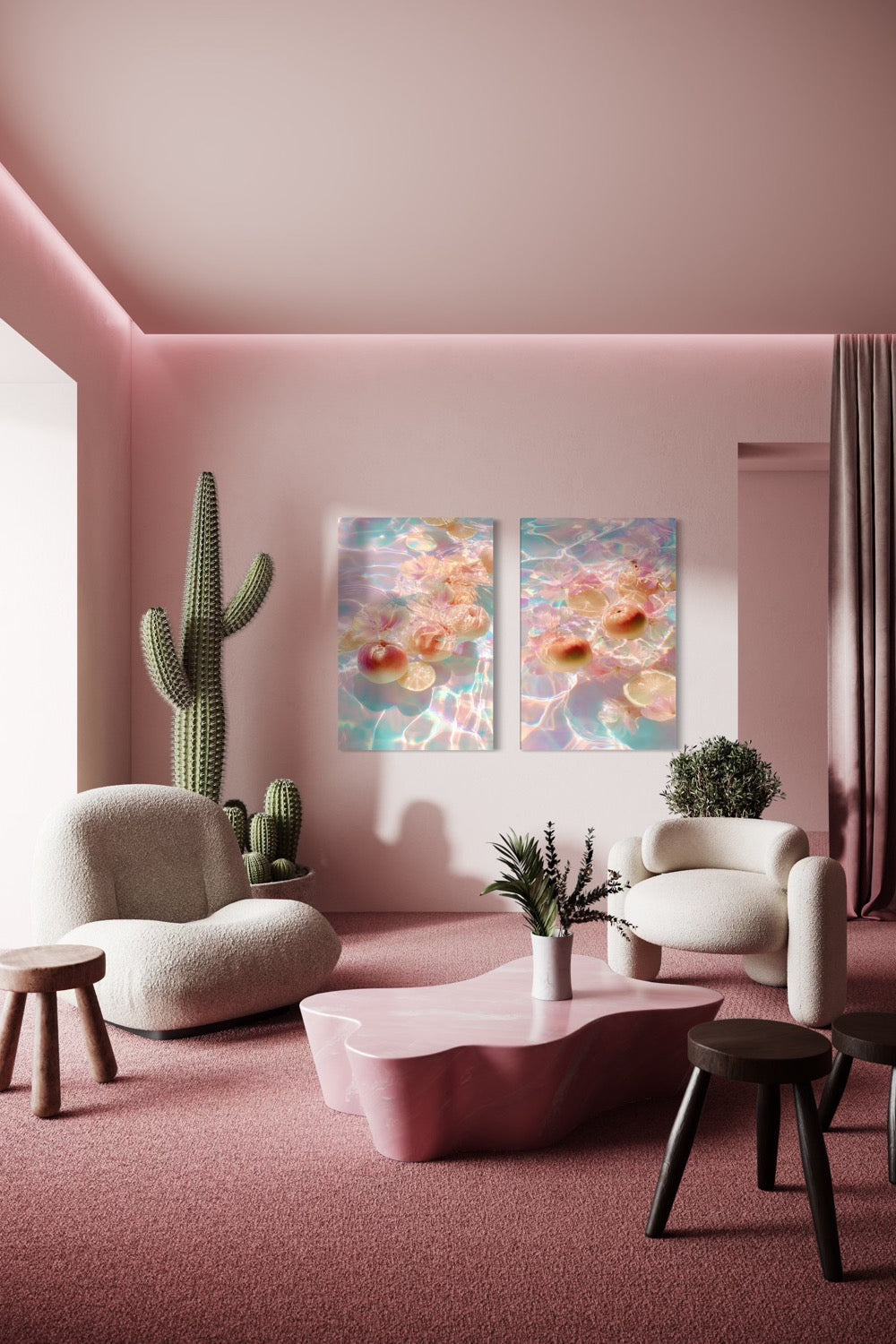 Citrus Bloom I and II shown together as a pair on a pink wall in a modern living room
