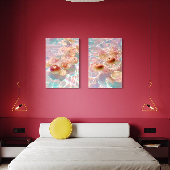 Citrus Bloom I and II shown together as a pair on a red wall above a bed