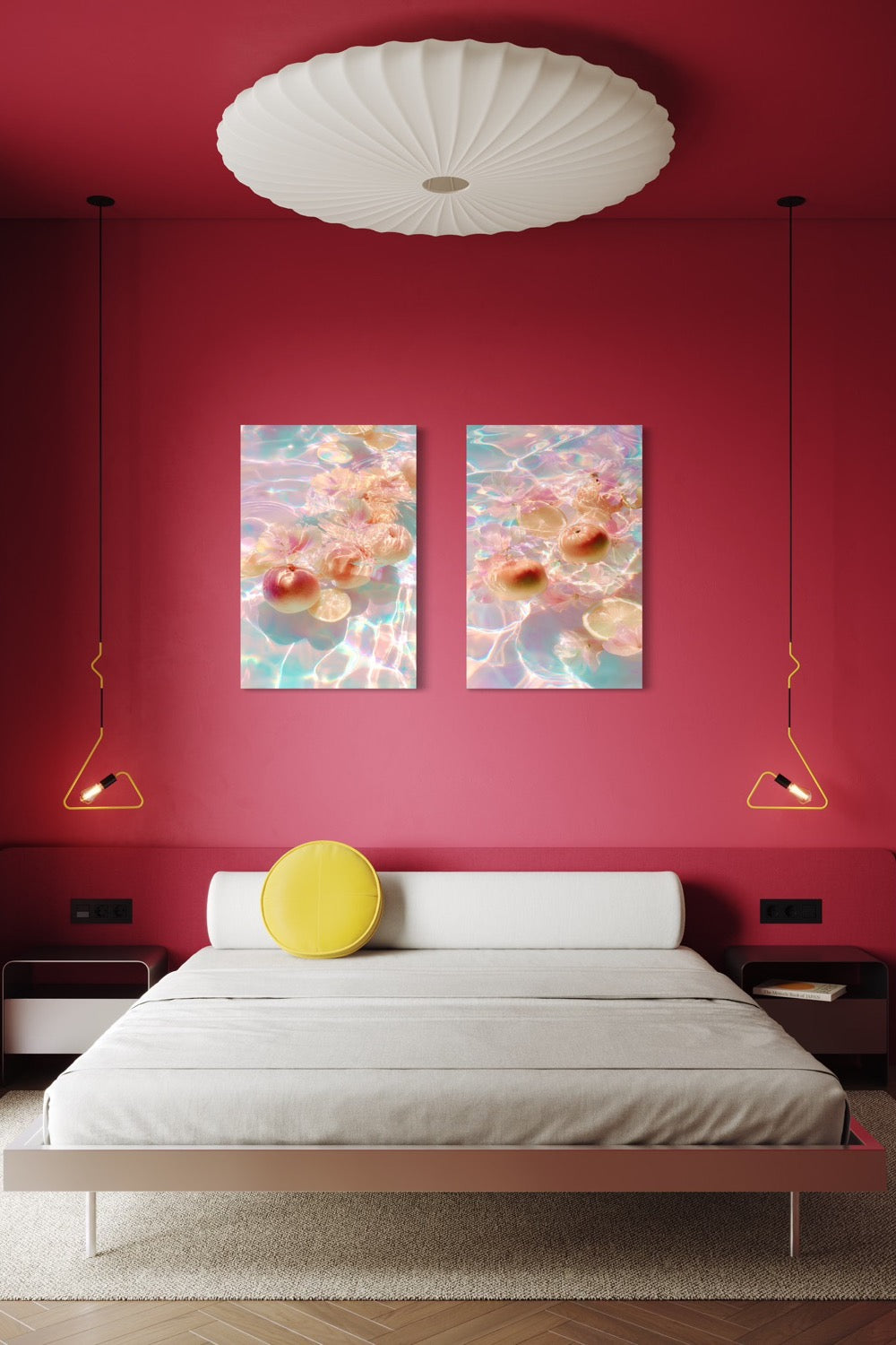Citrus Bloom I and II shown together as a pair on a red wall above a bed