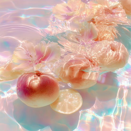 Citrus Bloom I: peaches, citrus slices, and blossoms on iridescent pastel water, acrylic art