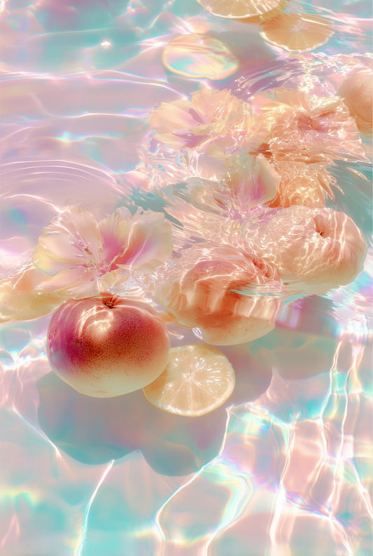 Citrus Bloom I: peaches, citrus slices, and blossoms on iridescent pastel water, acrylic art