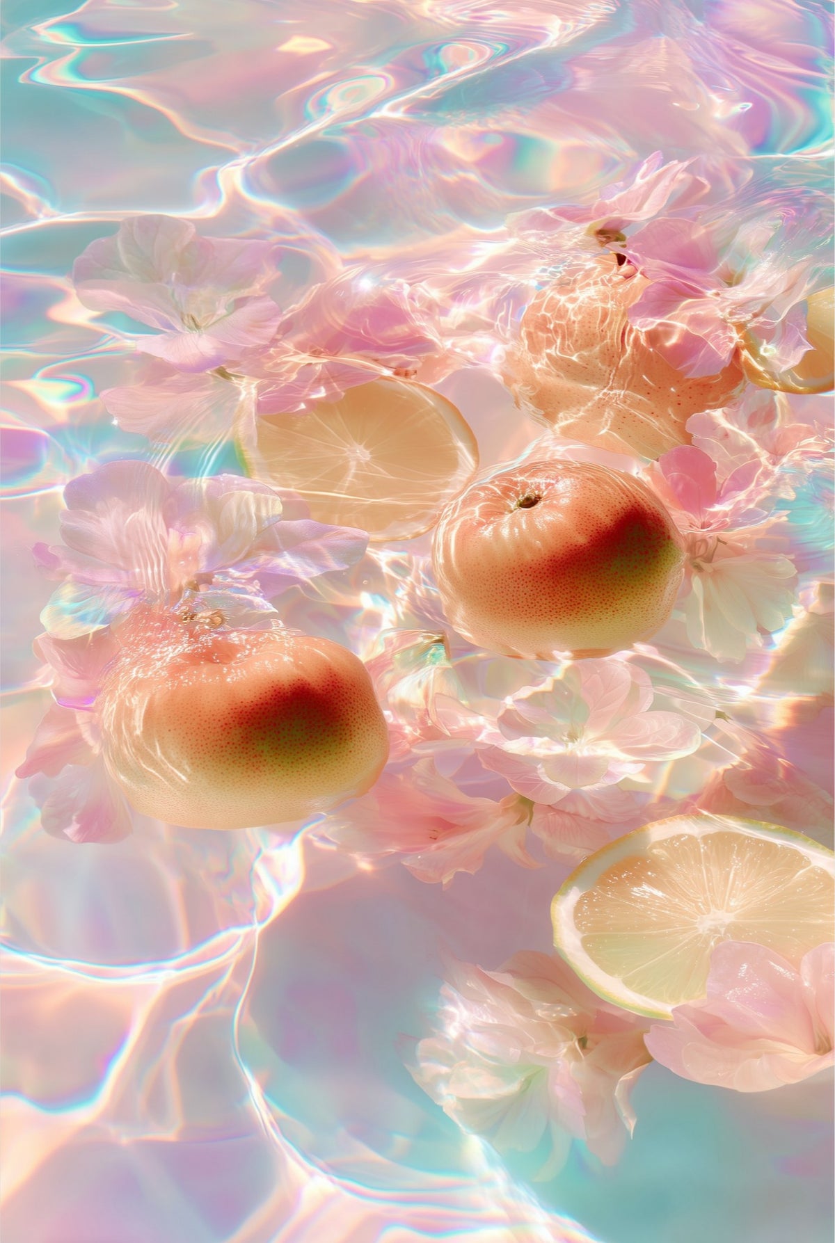 Citrus Bloom II: floating fruit and petals in soft rainbow-tinted water, acrylic print