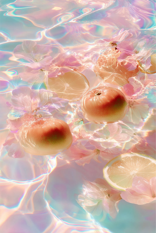 Citrus Bloom II: floating fruit and petals in soft rainbow-tinted water, acrylic print