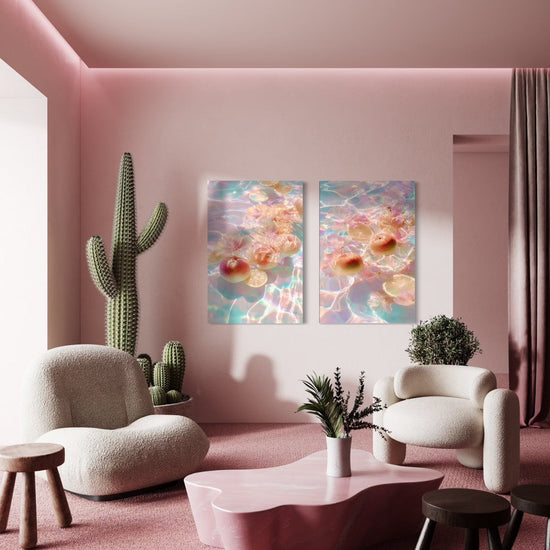 Citrus Bloom I and II shown together as a pair on a pink wall in a modern living room