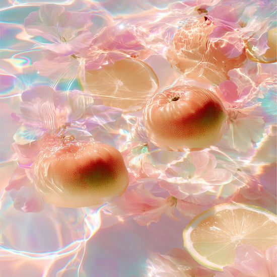 Citrus Bloom II: peaches and lemon slices with blossoms on iridescent pastel water, acrylic art