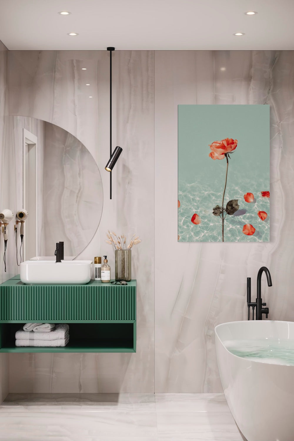 Dipped Rose II coral rose with petals art shown framed on a wall in a marble bathroom with a green vanity