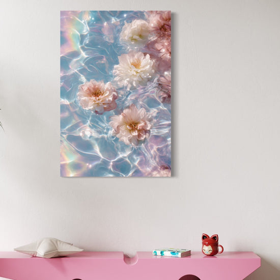 Floral Dream underwater pastel art shown on a wall above a pink bench in a playful modern room