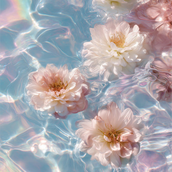 Floral Dream: white and blush peony blossoms on iridescent pastel water, acrylic wall art