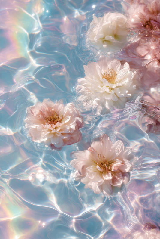 Floral Dream: white and blush peony blossoms on iridescent pastel water, acrylic wall art