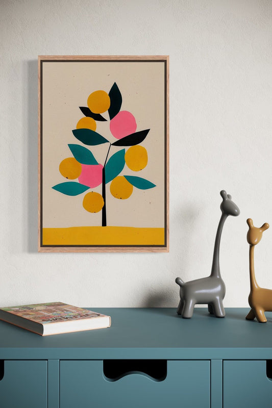 Fruit Tree illustration in an oak frame shown on a wall above a teal sideboard with giraffe figurines