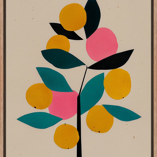 Fruit Tree: modern illustration of a tree with orange and pink fruit, framed canvas print