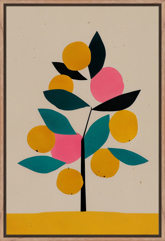 Fruit Tree: modern illustration of a tree with orange and pink fruit, framed canvas print