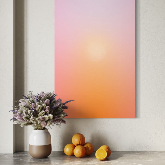 Golden Hour aura gradient canvas shown to scale above a wood credenza with dried lavender and oranges