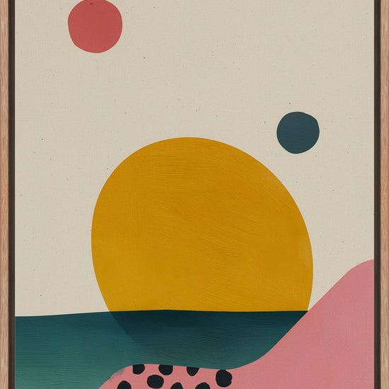 Abstract Sunset: marigold sun over a teal sea and coral hillside, modern framed canvas