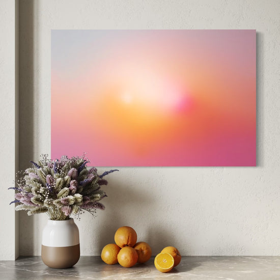 Inner Sun aura gradient canvas shown to scale above a wood credenza with dried lavender and oranges