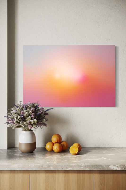 Inner Sun aura gradient canvas shown to scale above a wood credenza with dried lavender and oranges