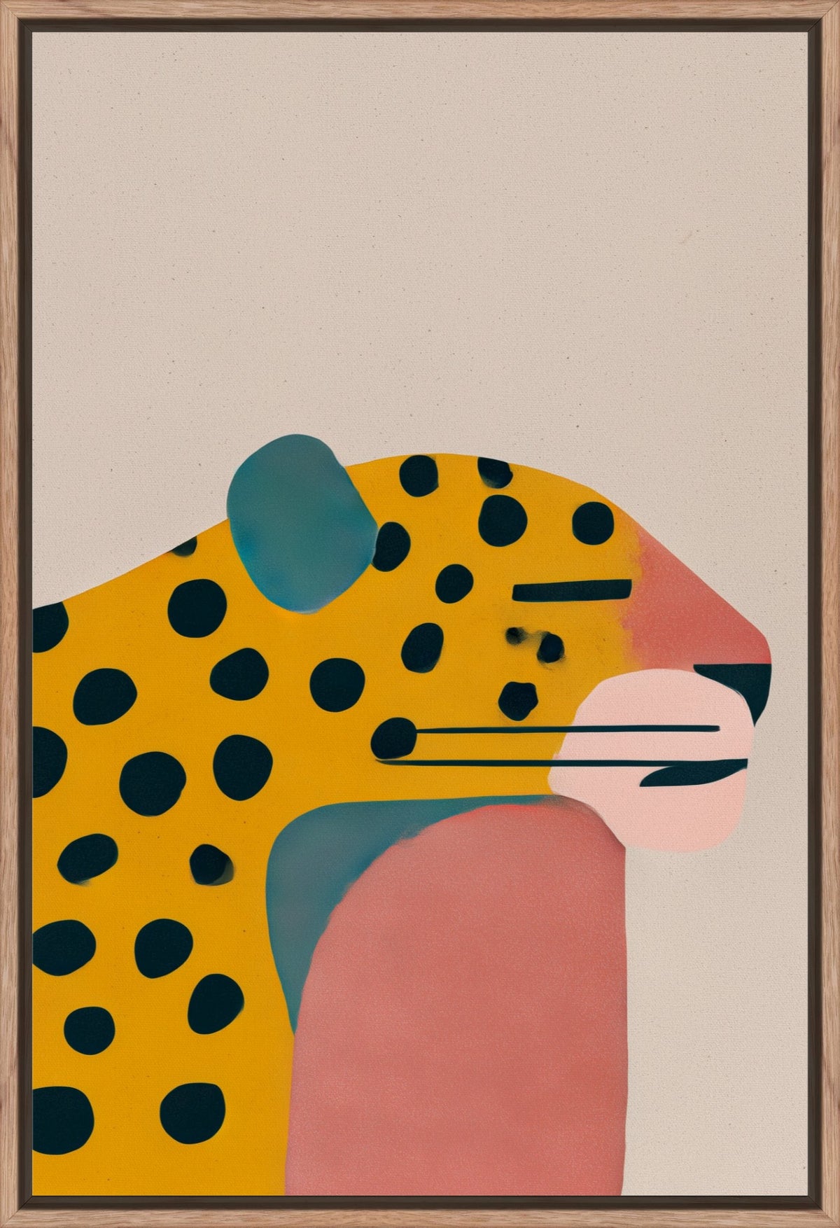 Jaguar: modern illustration of a sun-yellow jaguar with black spots on cream, framed canvas