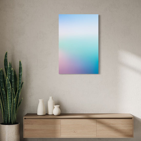 Ocean Calm aura gradient canvas shown on a wall above a light oak floating console with ceramic vases