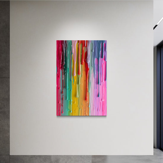 Paint Drips rainbow wall art shown on a white wall in a minimal concrete entryway