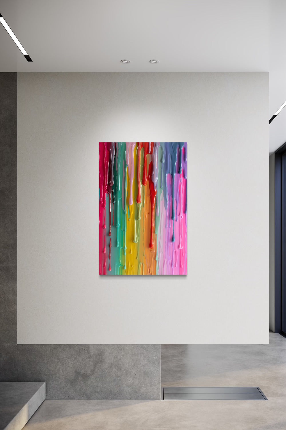 Paint Drips rainbow wall art shown on a white wall in a minimal concrete entryway