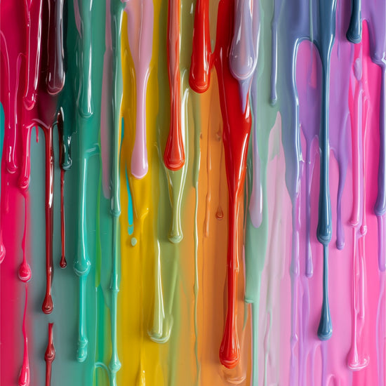 Paint Drips: glossy rainbow paint dripping in pink, teal, orange, and red streams