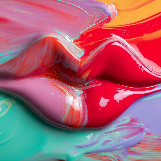 Painted Lips acrylic art: red paint lips amid glossy strokes of teal, pink, and lavender